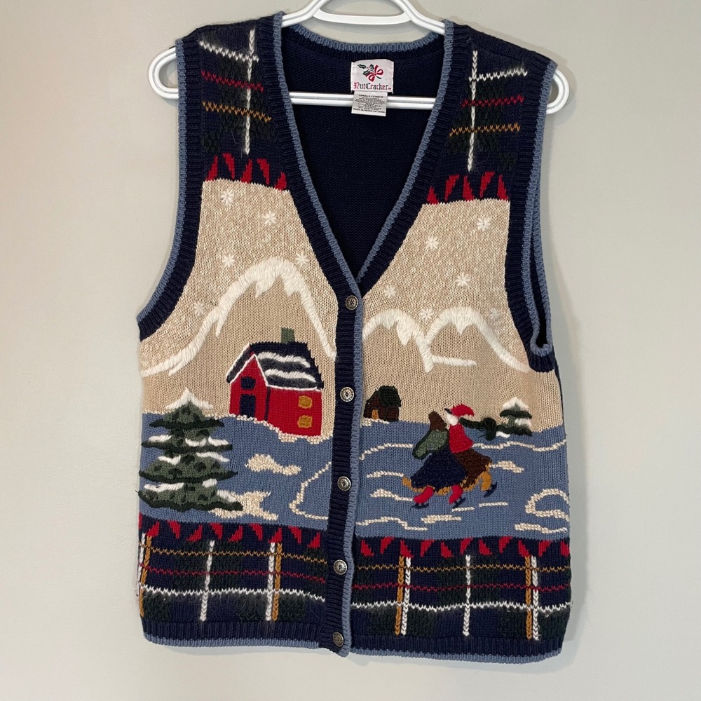 VTG Nutcracker Winter Snowy Scene Sweater Vest S Navy Blue Ice Skater Grandma